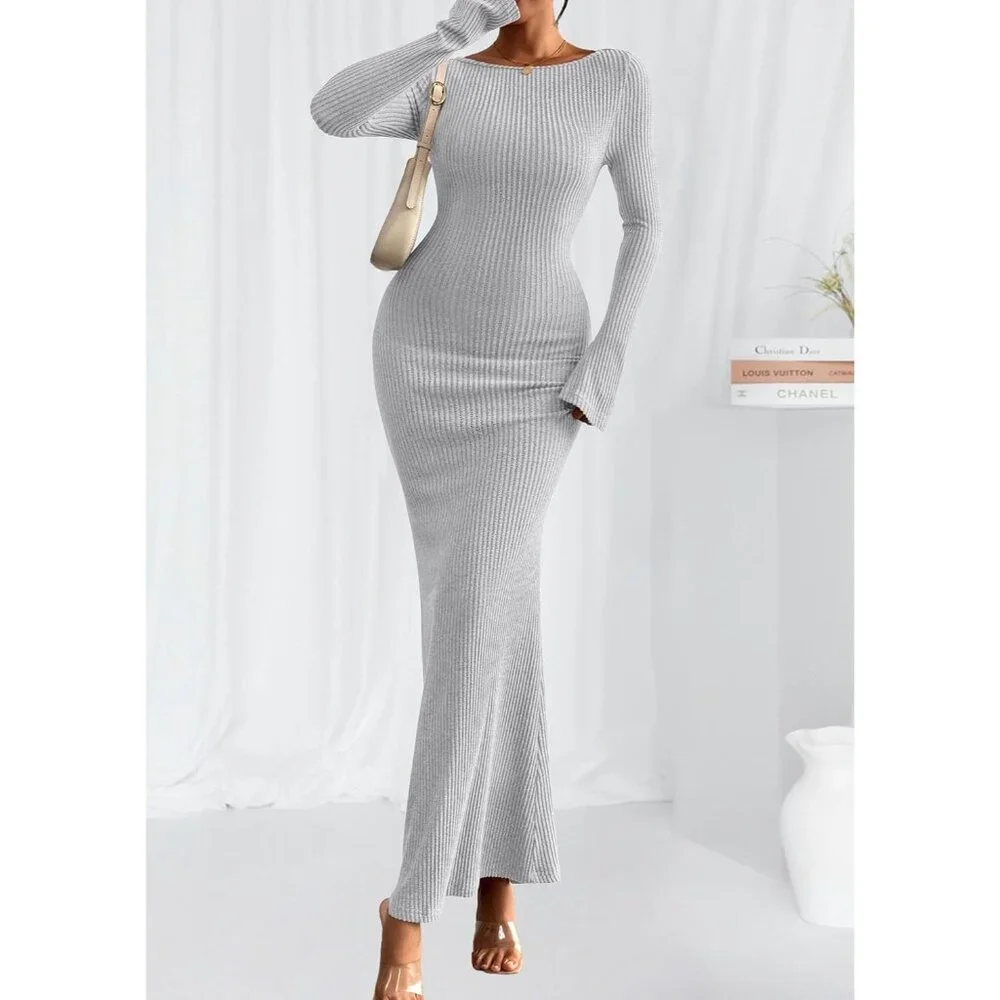 Women's Grey Long Sleeve Ribbed Knit Boat Neck Bodycon Casual Maxi Dress - Picture 7 of 8